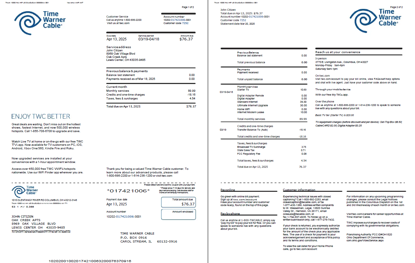 USA Time Warner Cable utility bill template in Word and PDF formats, 2 pages